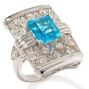 Yours By Loren Sterling Silver Blue Quartz and White Zircon Art Deco Style Ring
